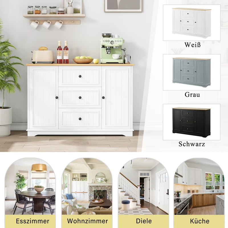 Buffet charme blanc 3 tiroirs et 2 portes 126x40x86 cm CASCADEMERIDIA