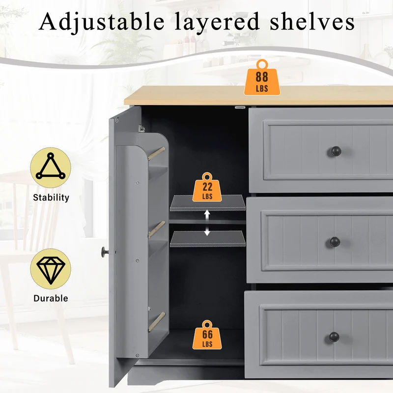 Buffet charme gris 3 tiroirs et 2 portes 126x40x86 cm CASCADEQUAZX