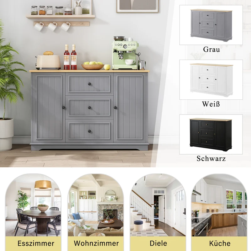 Buffet charme gris 3 tiroirs et 2 portes 126x40x86 cm CASCADEQUAZX