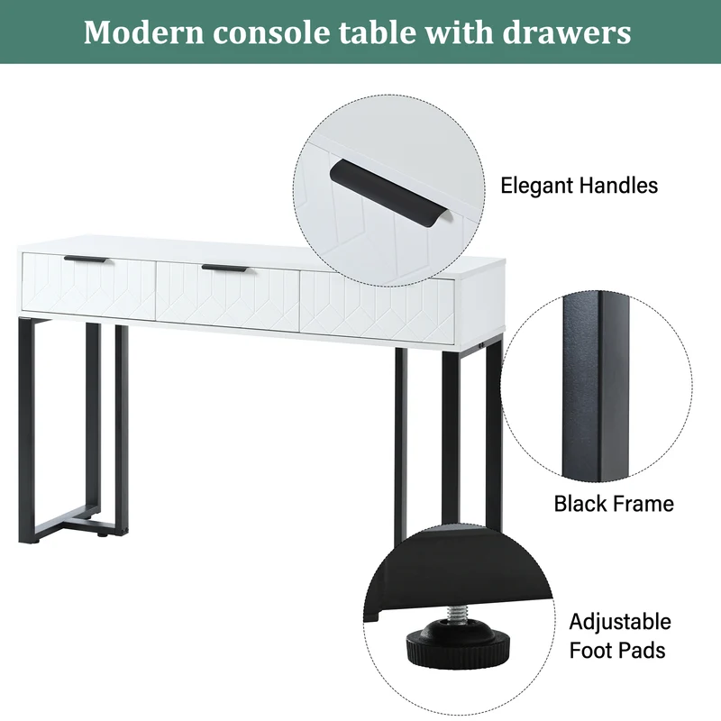 Console design noir et blanc motifs gémétriques et piétement metalique 120x36x80cm MOMENTUMRIF