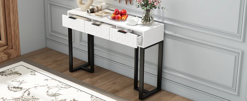 Console design noir et blanc motifs gémétriques et piétement metalique 120x36x80cm MOMENTUMRIF