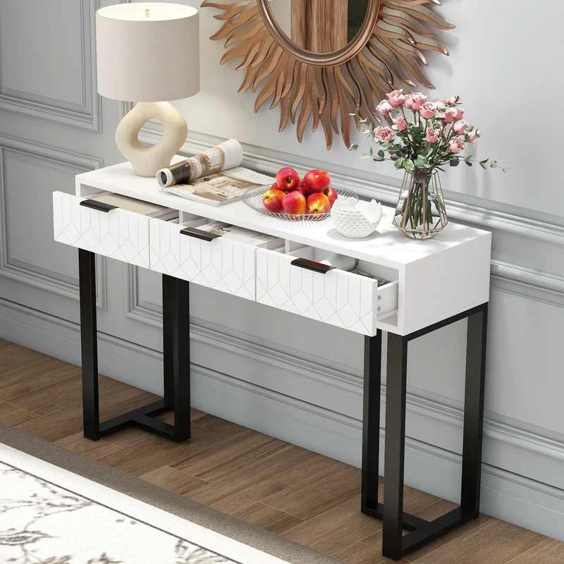 Console design noir et blanc motifs gémétriques et piétement metalique 120x36x80cm MOMENTUMRIF