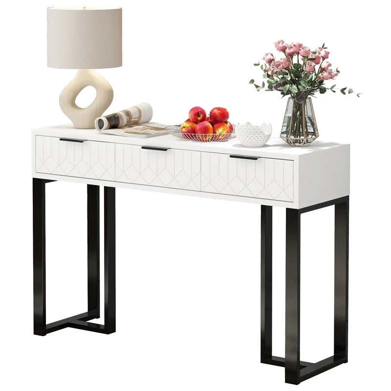 Console design noir et blanc motifs gémétriques et piétement metalique 120x36x80cm MOMENTUMRIF