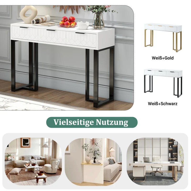 Console design noir et blanc motifs gémétriques et piétement metalique 120x36x80cm MOMENTUMRIF