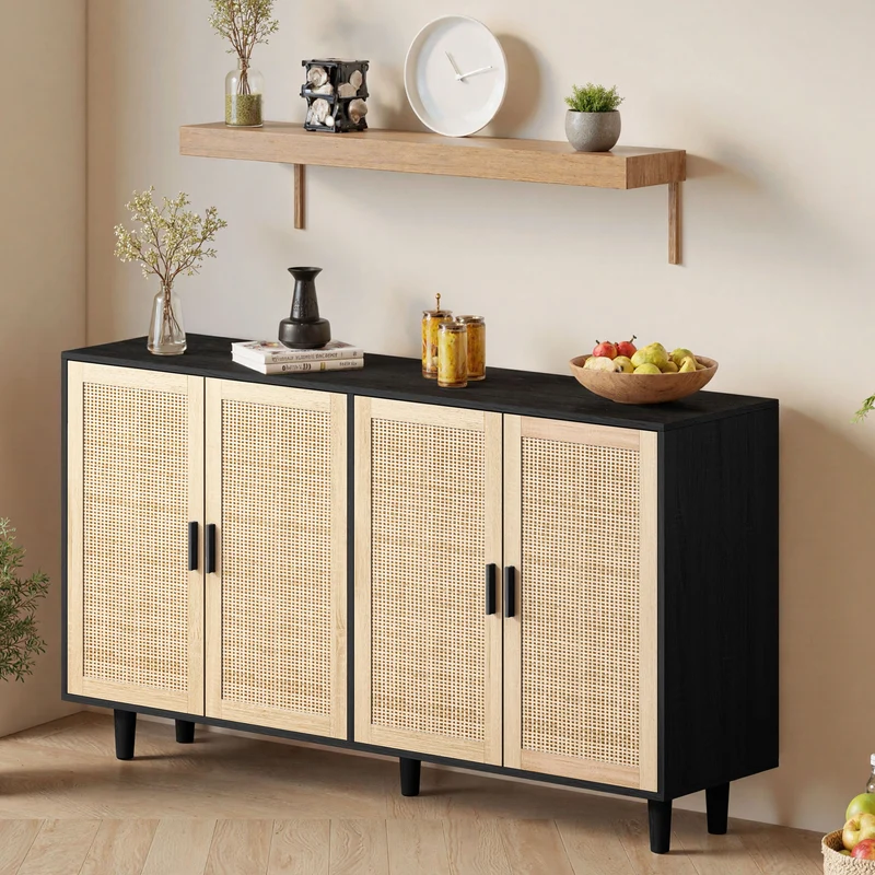Buffet noir avec 4 portes en cannage de rotin et design scandinave MOMENTUMCASCADEE