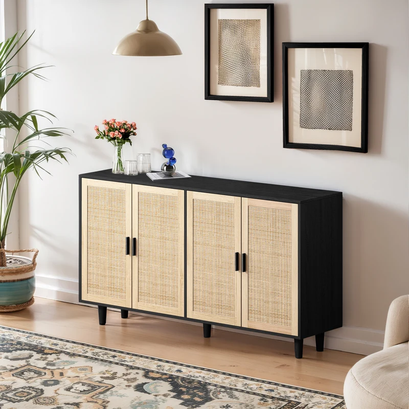 Buffet noir avec 4 portes en cannage de rotin et design scandinave MOMENTUMCASCADEE