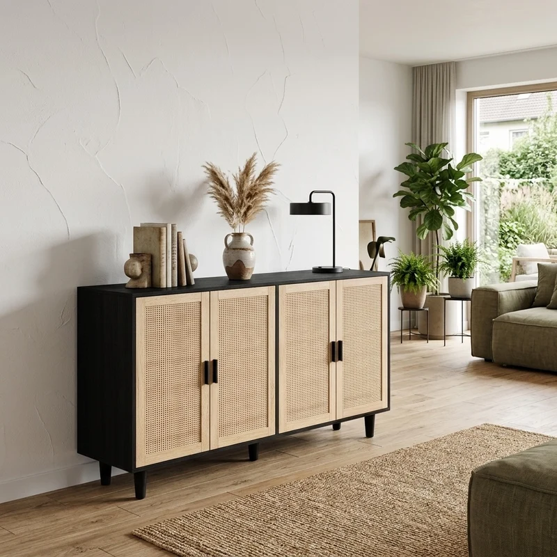 Buffet noir avec 4 portes en cannage de rotin et design scandinave MOMENTUMCASCADEE