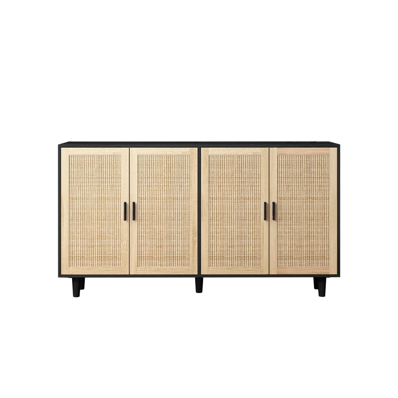 Buffet noir avec 4 portes en cannage de rotin et design scandinave MOMENTUMCASCADEE