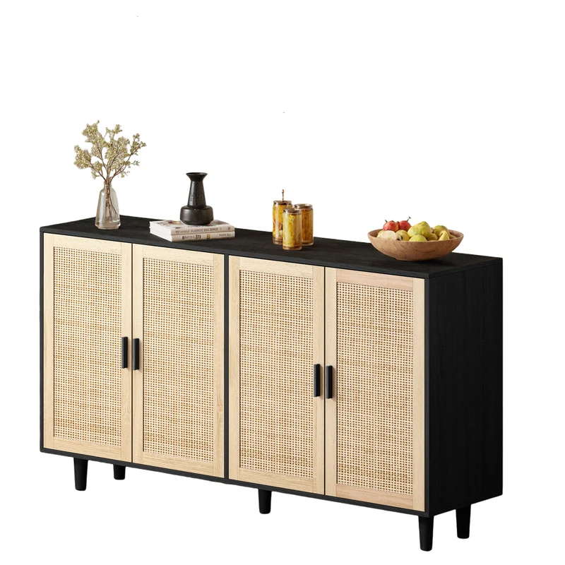 Buffet noir avec 4 portes en cannage de rotin et design scandinave MOMENTUMCASCADEE