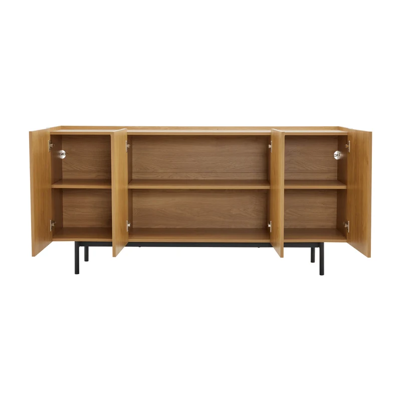 Buffet effet bois motif géométrique linges dorés 4 portes pieds noirs surélevés COLS
