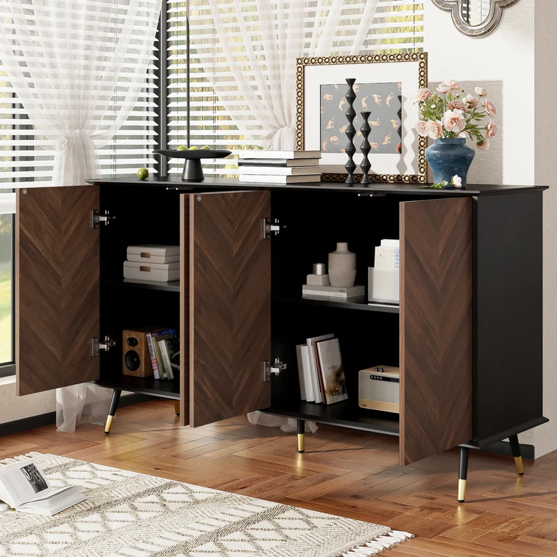 Buffet vintage effet bois et noir motif chevrons 4 portes pieds dorés CEDARFIELD