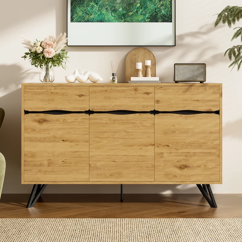 Buffet industriel effet bois 3 portes pieds métalliques RIDGECLIFF