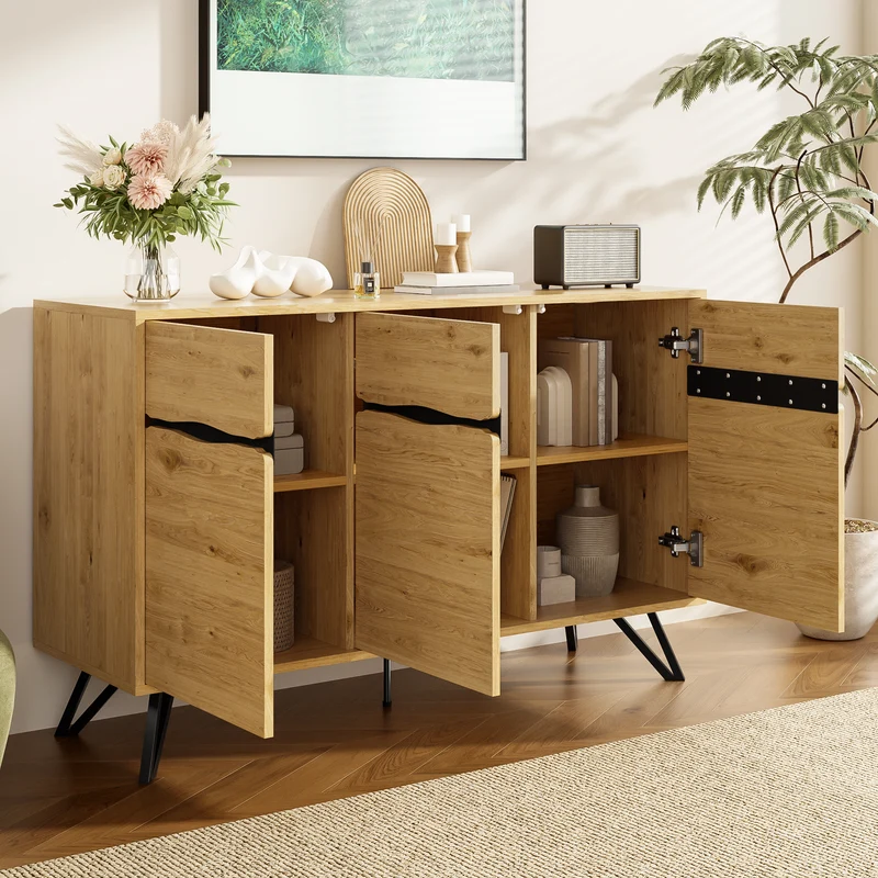 Buffet industriel effet bois 3 portes pieds métalliques RIDGECLIFF
