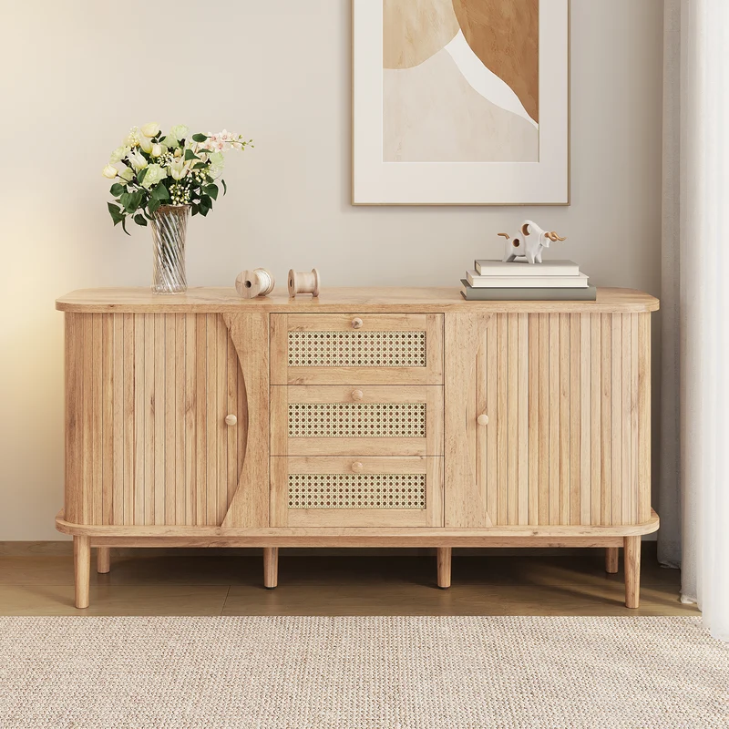 Buffet effet bois naturel 2 portes colissantes 3 tiroirs en rotin CEDARCREST