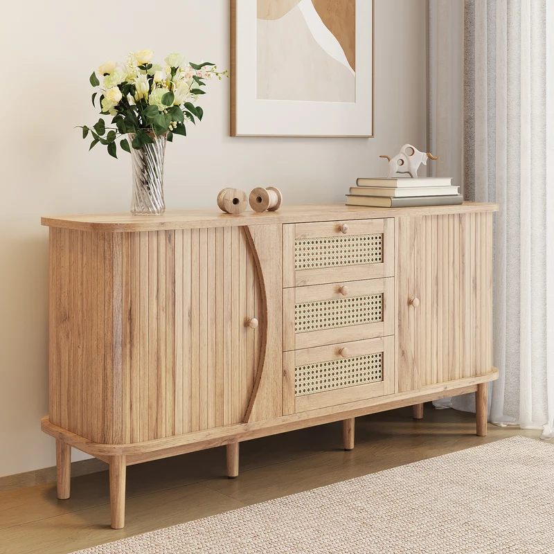 Buffet effet bois naturel 2 portes colissantes 3 tiroirs en rotin CEDARCREST