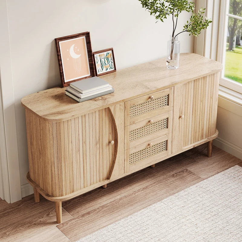 Buffet effet bois naturel 2 portes colissantes 3 tiroirs en rotin CEDARCREST
