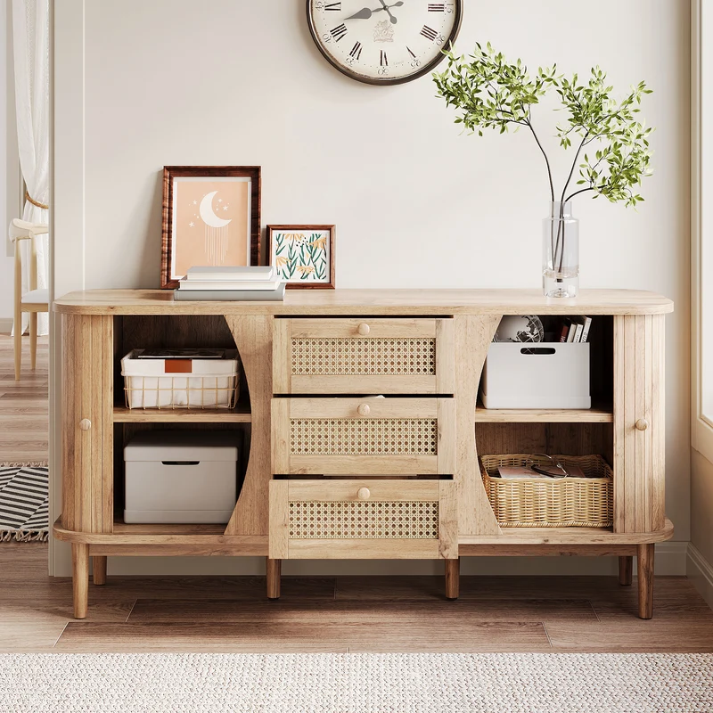 Buffet effet bois naturel 2 portes colissantes 3 tiroirs en rotin CEDARCREST