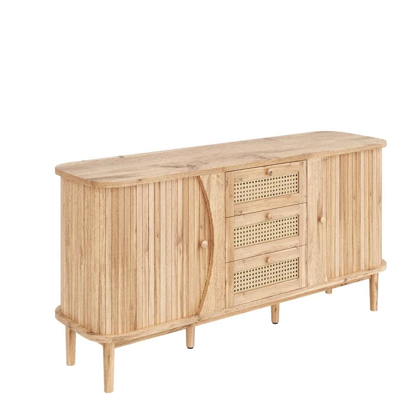Buffet effet bois naturel 2 portes colissantes 3 tiroirs en rotin CEDARCREST