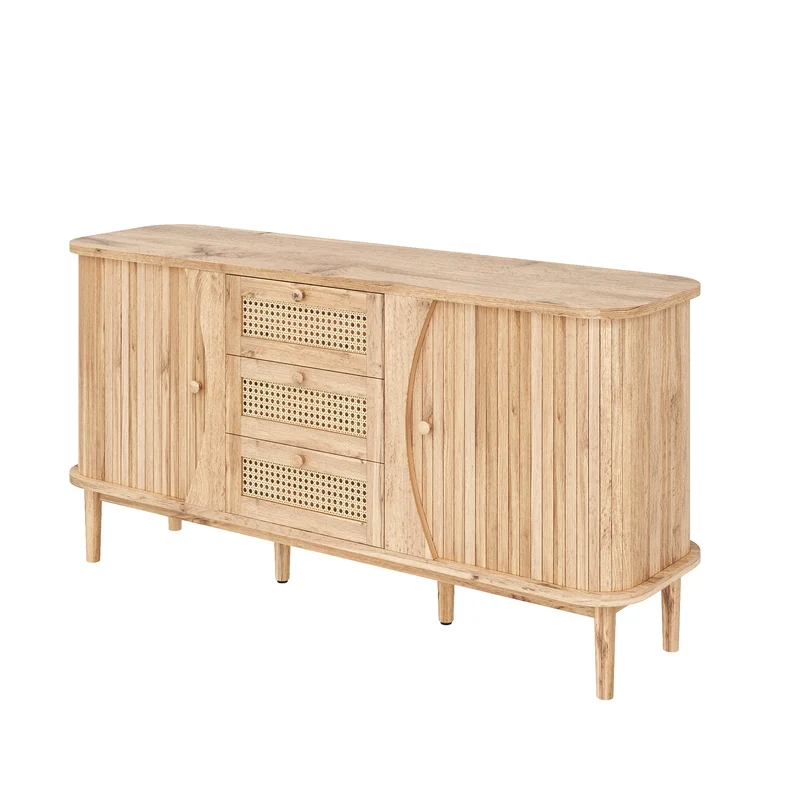 Buffet effet bois naturel 2 portes colissantes 3 tiroirs en rotin CEDARCREST
