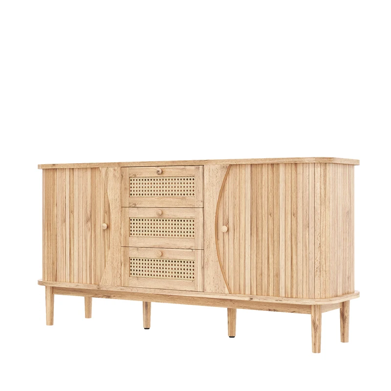 Buffet effet bois naturel 2 portes colissantes 3 tiroirs en rotin CEDARCREST