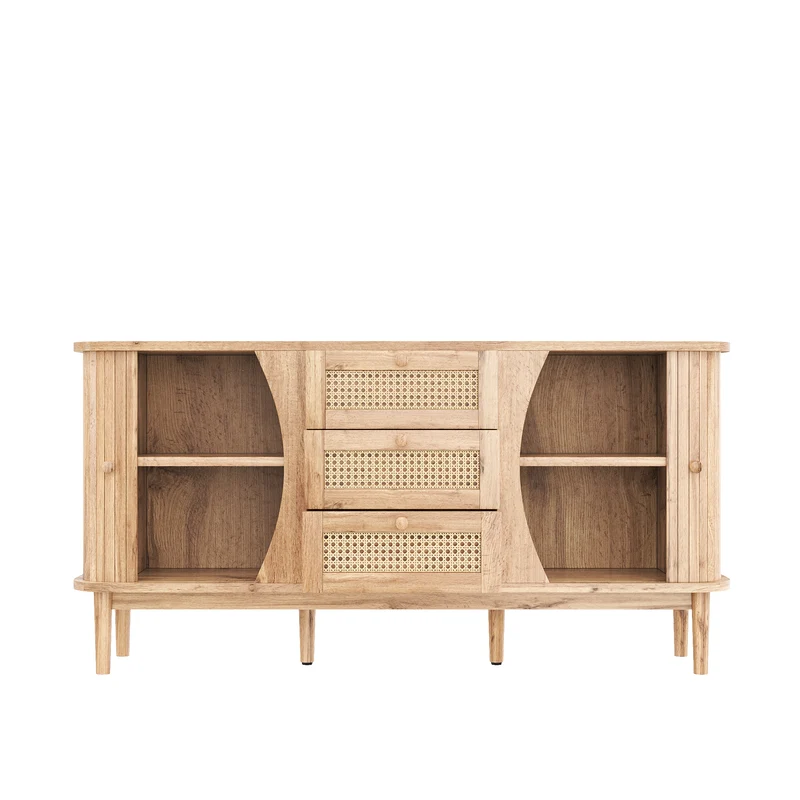 Buffet effet bois naturel 2 portes colissantes 3 tiroirs en rotin CEDARCREST