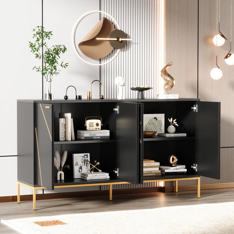 Buffet design noir motifs géométriques dorés et pieds en métal MAUS