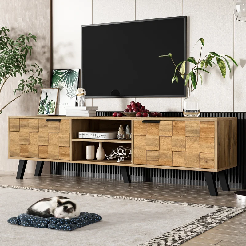 Meuble TV moderne effet bois avec 2 portes et 2 compartiments ouverts 160x35x45cm DHAASTI