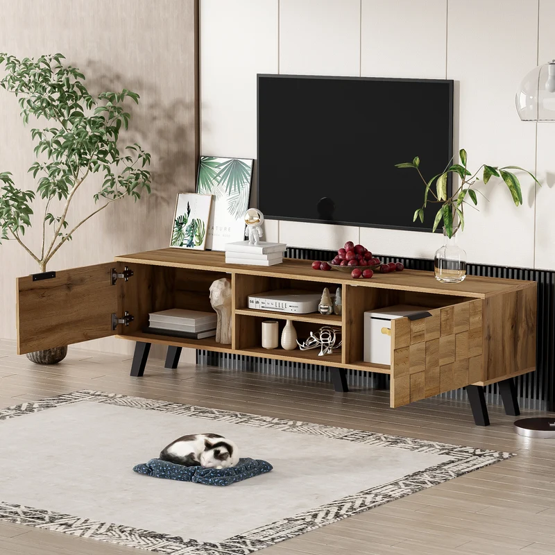 Meuble TV moderne effet bois avec 2 portes et 2 compartiments ouverts 160x35x45cm DHAASTI