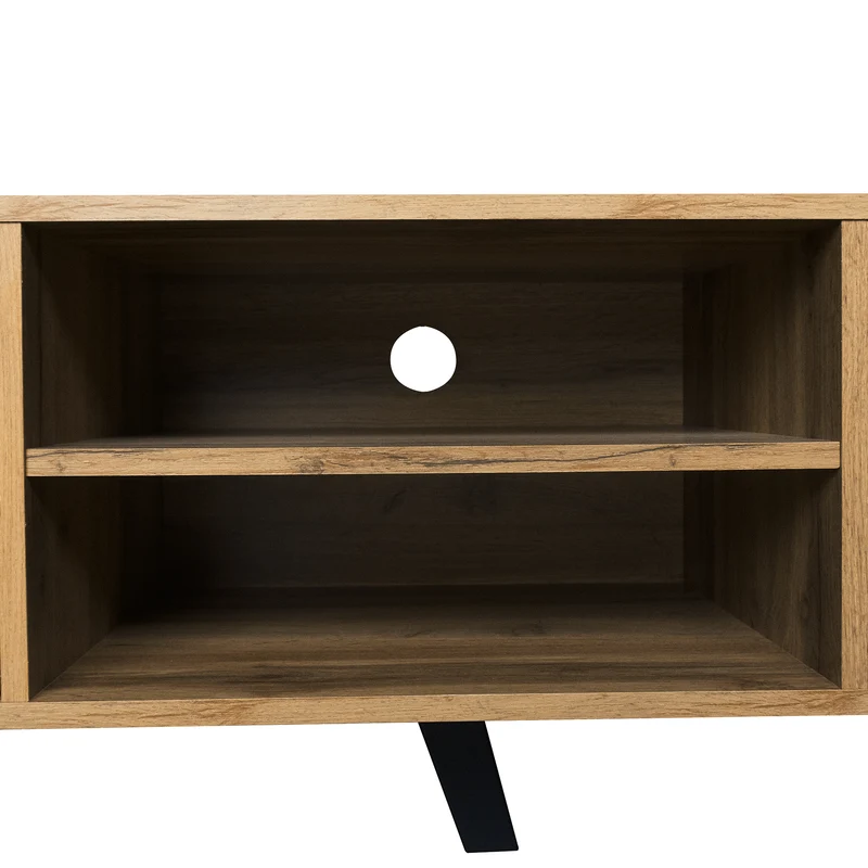 Meuble TV moderne effet bois avec 2 portes et 2 compartiments ouverts 160x35x45cm DHAASTI