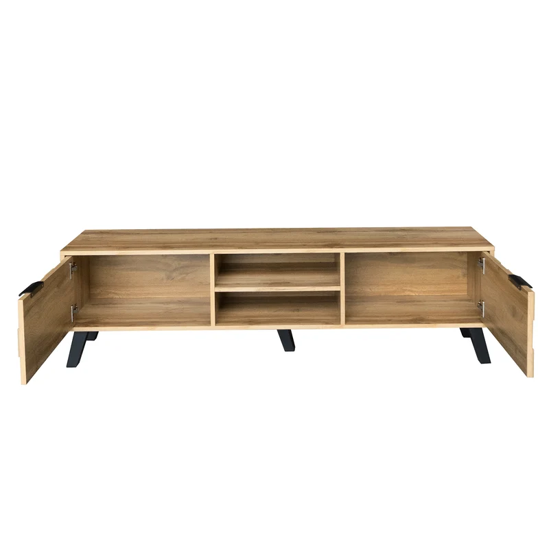 Meuble TV moderne effet bois avec 2 portes et 2 compartiments ouverts 160x35x45cm DHAASTI