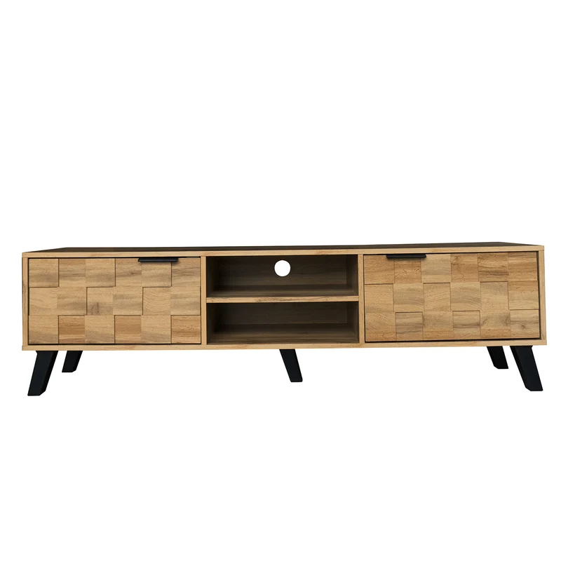 Meuble TV moderne effet bois avec 2 portes et 2 compartiments ouverts 160x35x45cm DHAASTI