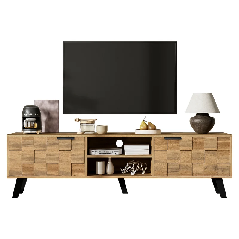 Meuble TV moderne effet bois avec 2 portes et 2 compartiments ouverts 160x35x45cm DHAASTI