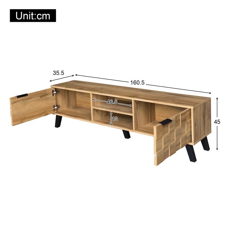 Meuble TV moderne effet bois avec 2 portes et 2 compartiments ouverts 160x35x45cm DHAASTI