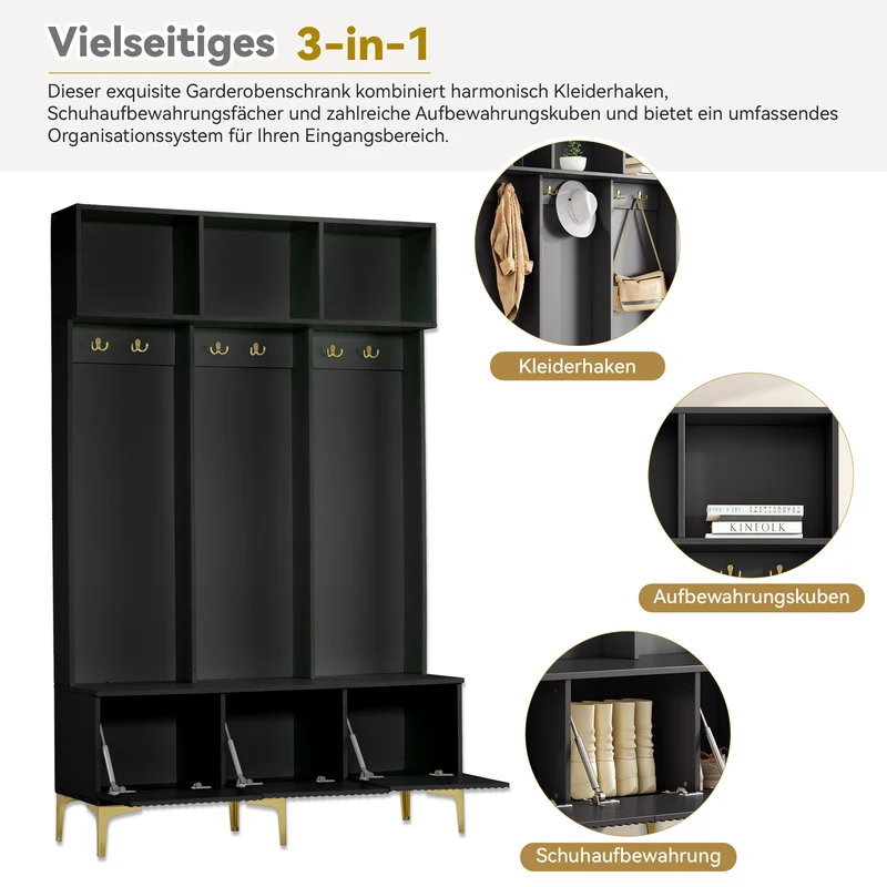 Vestiaire d'entrée noir 6 crochets dorés 3 portes et niches 120x40x191 cm ALUMINUMSTOOL