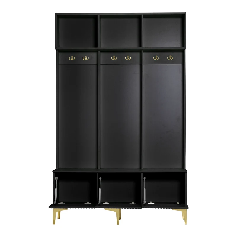 Vestiaire d'entrée noir 6 crochets dorés 3 portes et niches 120x40x191 cm ALUMINUMSTOOL