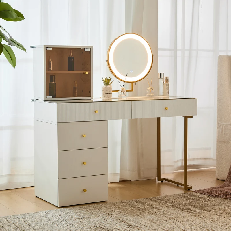 Coiffeuse blanche avec mirror éclairé LED vitre verre trempé teinté ALUMINUMSCREEN