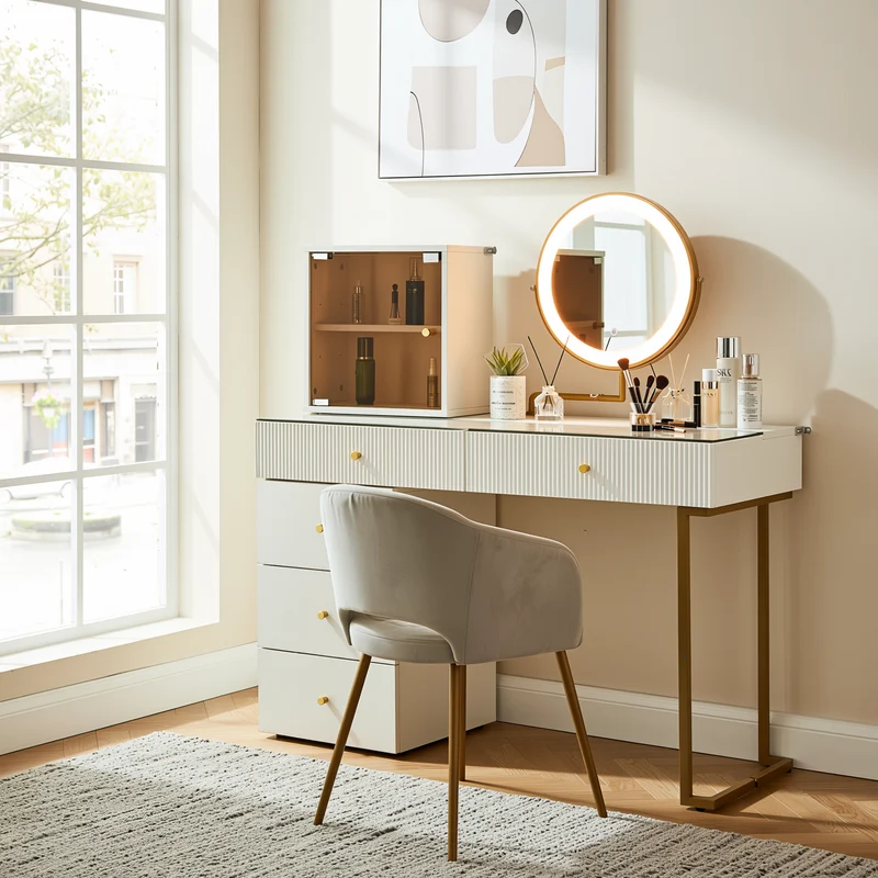 Coiffeuse blanche avec mirror éclairé LED vitre verre trempé teinté ALUMINUMSCREEN