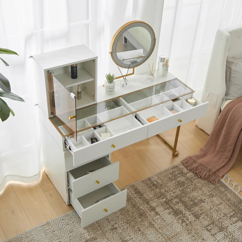 Coiffeuse blanche avec mirror éclairé LED vitre verre trempé teinté ALUMINUMSCREEN