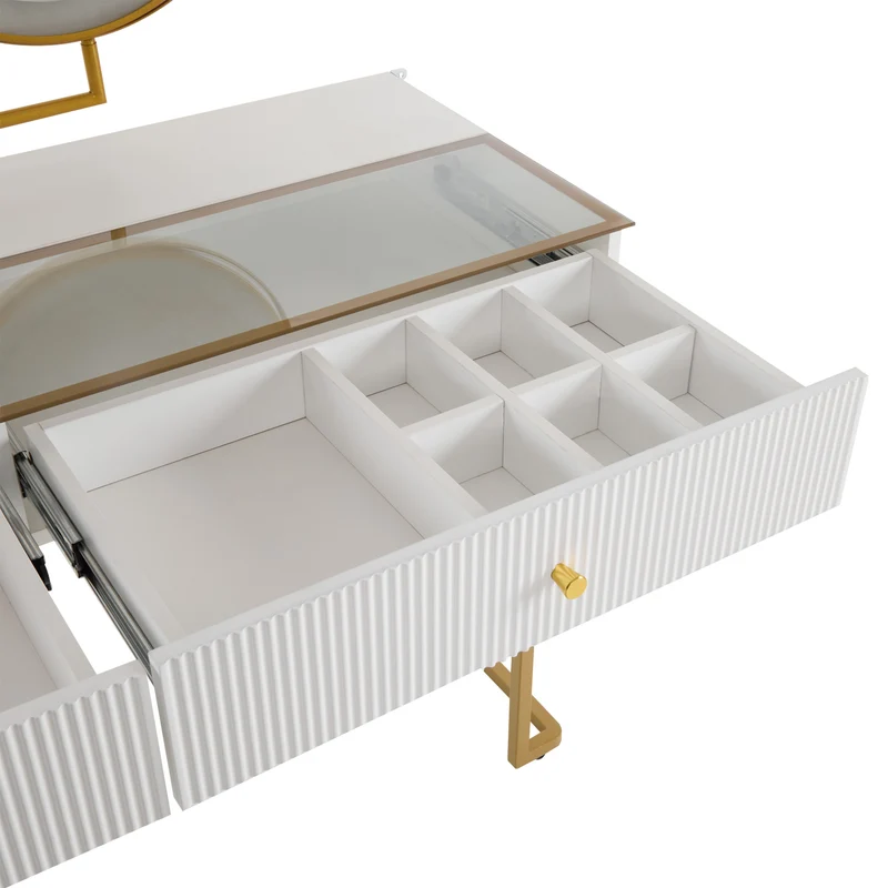 Coiffeuse blanche avec mirror éclairé LED vitre verre trempé teinté ALUMINUMSCREEN