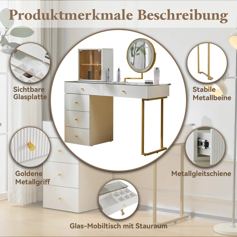 Coiffeuse blanche avec mirror éclairé LED vitre verre trempé teinté ALUMINUMSCREEN
