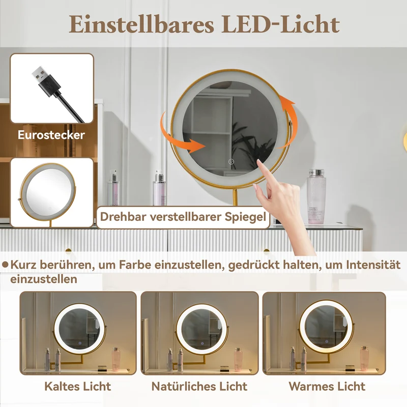 Coiffeuse blanche avec mirror éclairé LED vitre verre trempé teinté ALUMINUMSCREEN
