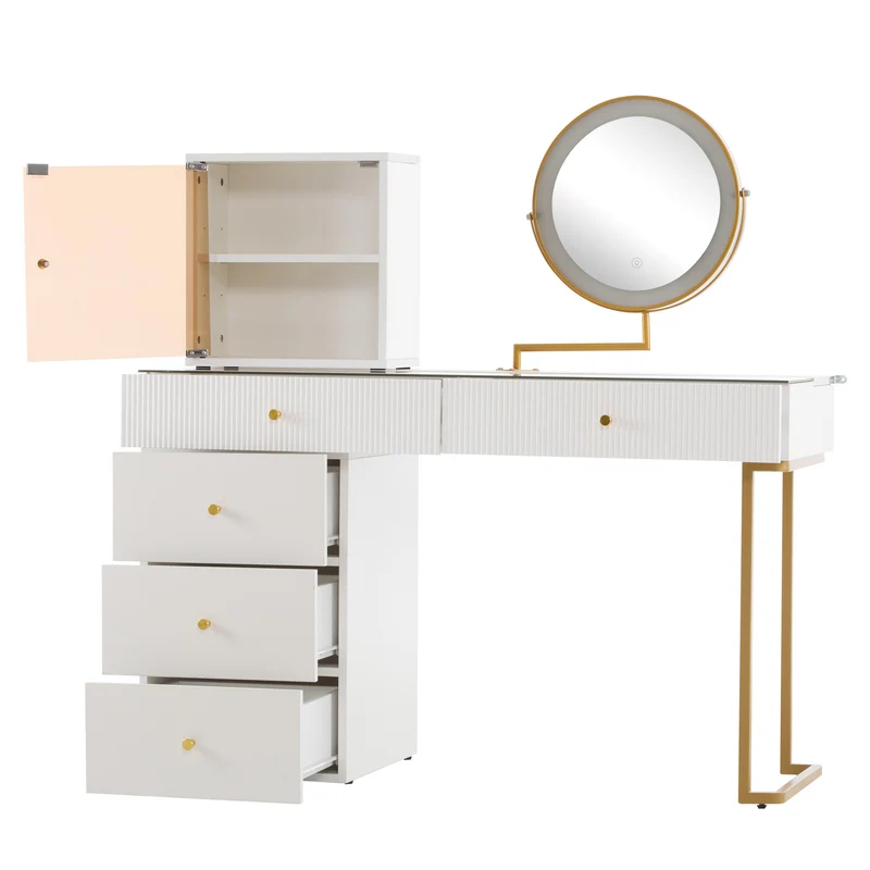 Coiffeuse blanche avec mirror éclairé LED vitre verre trempé teinté ALUMINUMSCREEN
