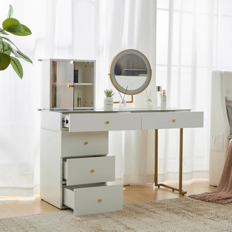 Coiffeuse blanche avec mirror éclairé LED vitre verre trempé teinté ALUMINUMSCREEN