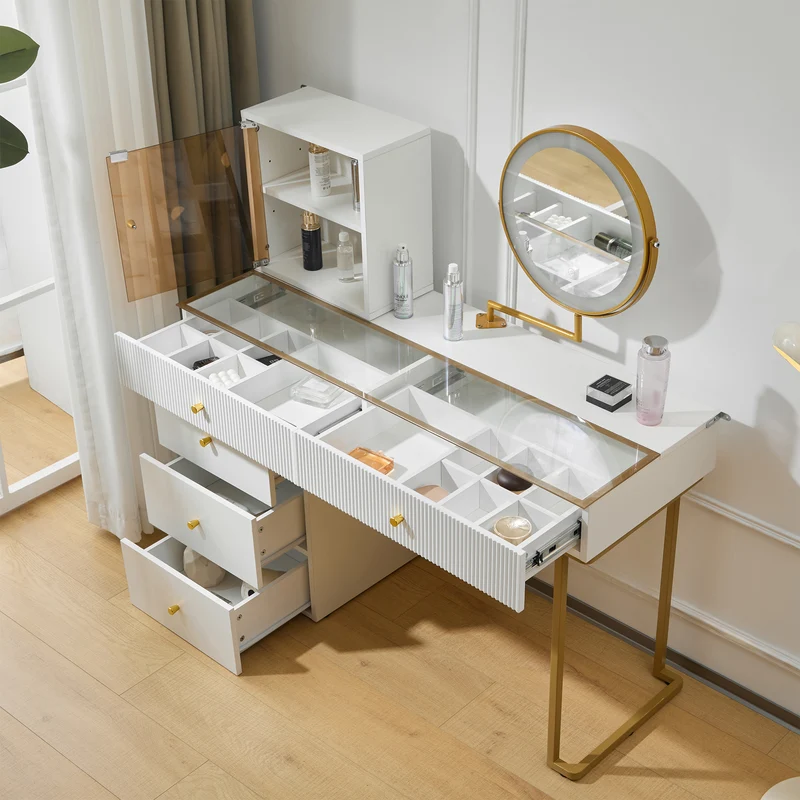 Coiffeuse blanche avec mirror éclairé LED vitre verre trempé teinté ALUMINUMSCREEN