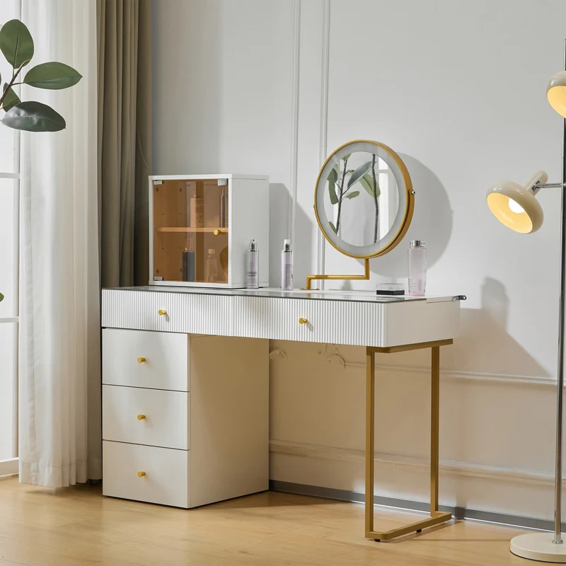 Coiffeuse blanche avec mirror éclairé LED vitre verre trempé teinté ALUMINUMSCREEN