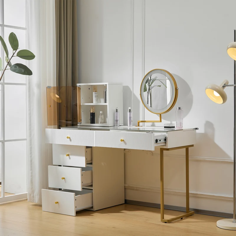 Coiffeuse blanche avec mirror éclairé LED vitre verre trempé teinté ALUMINUMSCREEN
