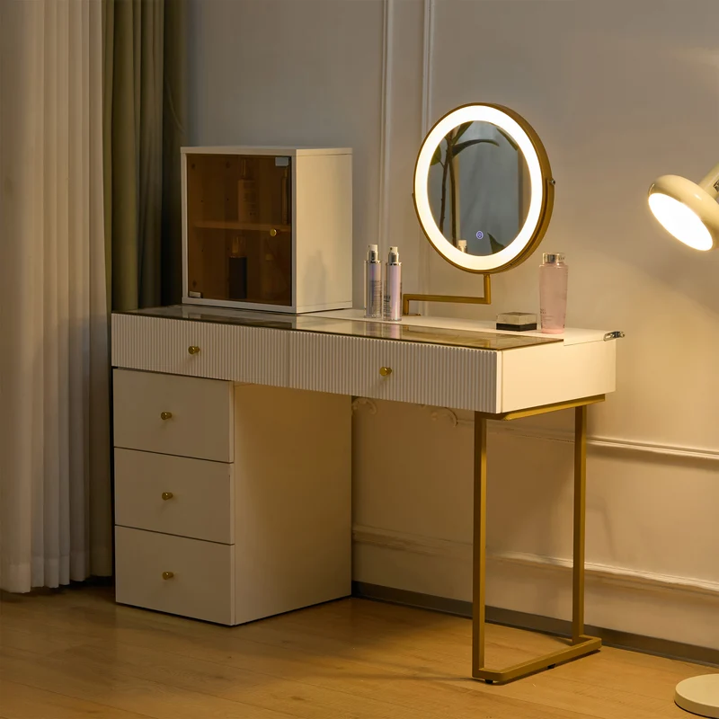 Coiffeuse blanche avec mirror éclairé LED vitre verre trempé teinté ALUMINUMSCREEN