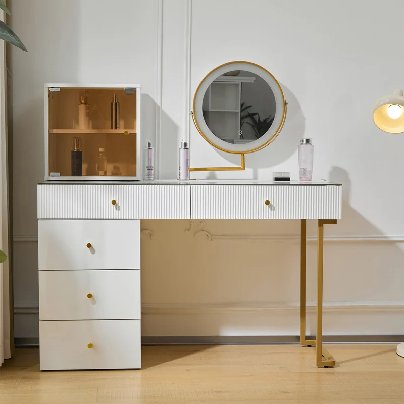 Coiffeuse blanche avec mirror éclairé LED vitre verre trempé teinté ALUMINUMSCREEN