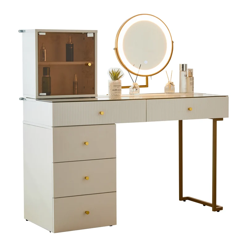 Coiffeuse blanche avec mirror éclairé LED vitre verre trempé teinté ALUMINUMSCREEN