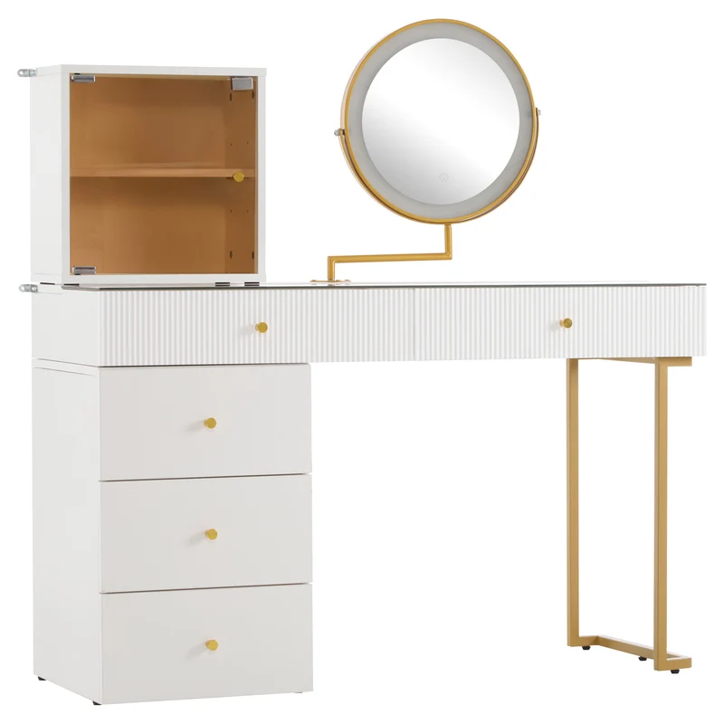 Coiffeuse blanche avec mirror éclairé LED vitre verre trempé teinté ALUMINUMSCREEN